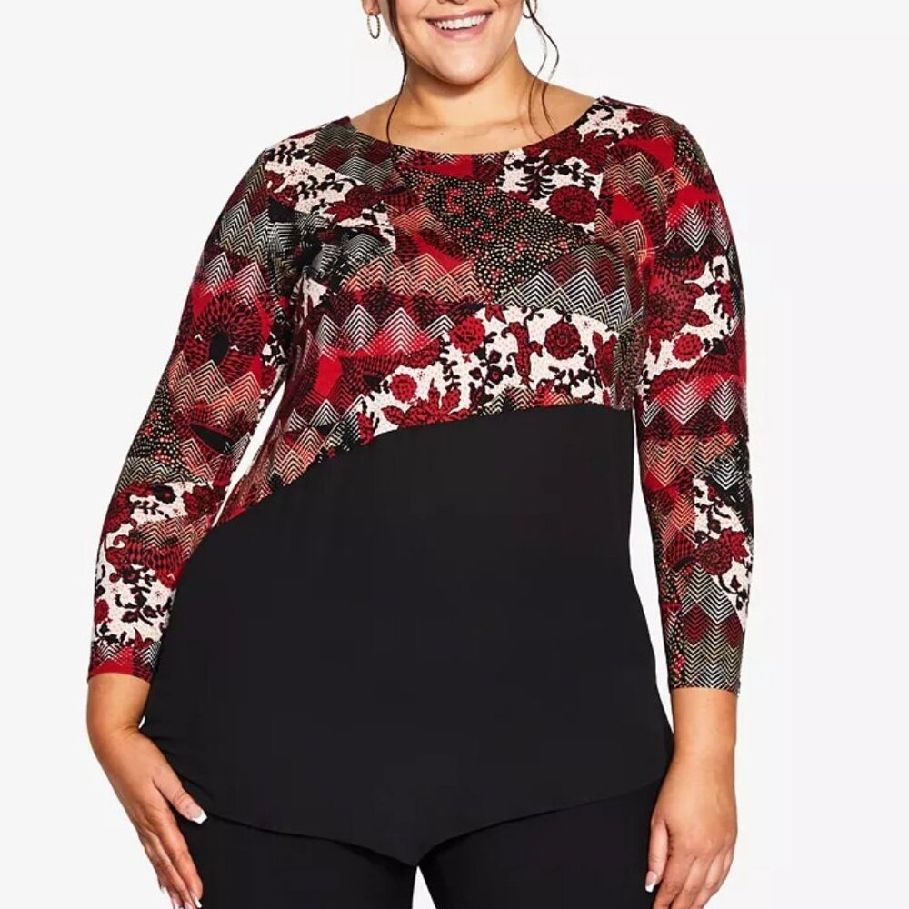 AVENUE, Size 14, Carla Print Top, Colorblock Top, Long Sleeve, Relax Fit, Black